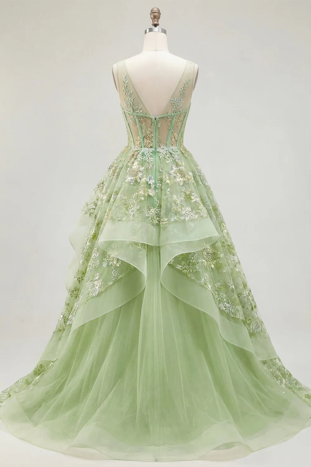 Green Floral Ruffled Princess Embroidered Corset Long Prom Dress - Image 4