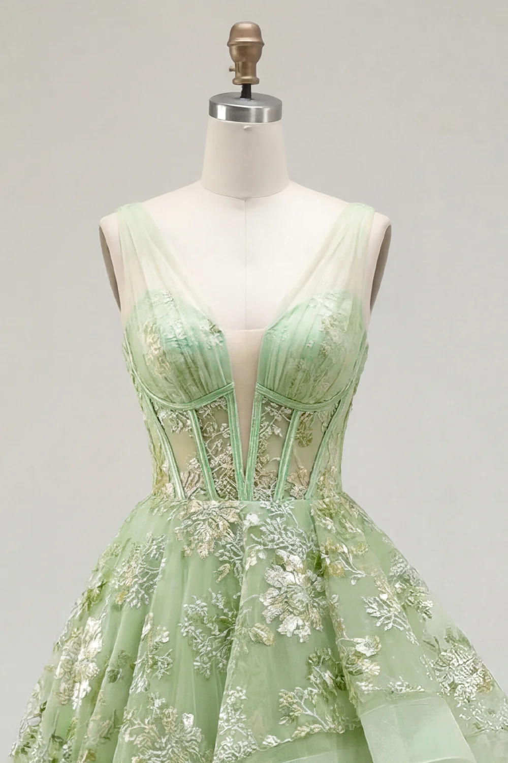 Green Floral Ruffled Princess Embroidered Corset Long Prom Dress - Image 5