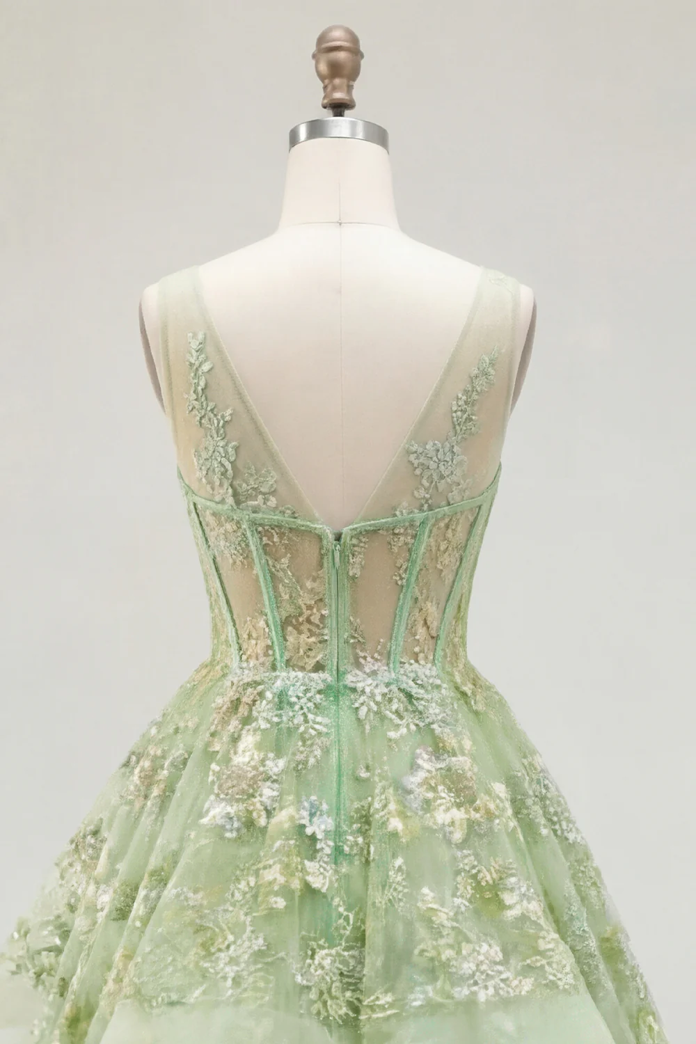 Green Floral Ruffled Princess Embroidered Corset Long Prom Dress - Image 6