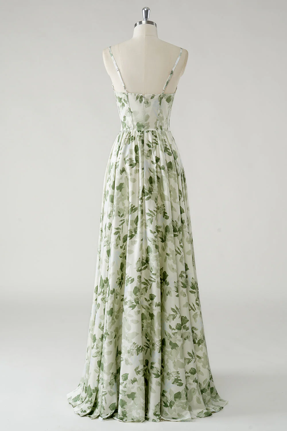 Green Flower A-Line Spaghetti Straps Ruched Corset Long Bridesmaid Dress - Image 2