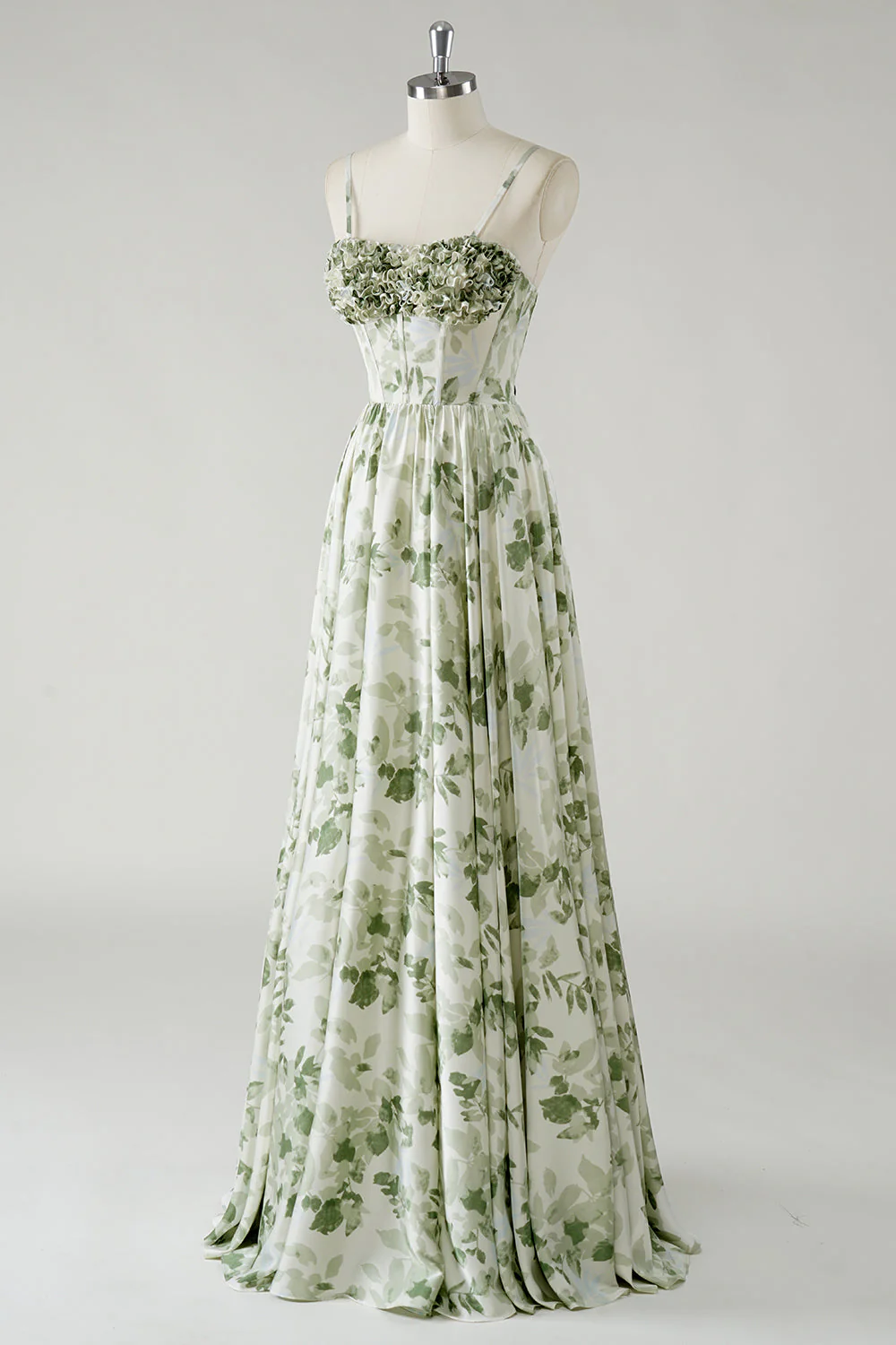 Green Flower A-Line Spaghetti Straps Ruched Corset Long Bridesmaid Dress - Image 3