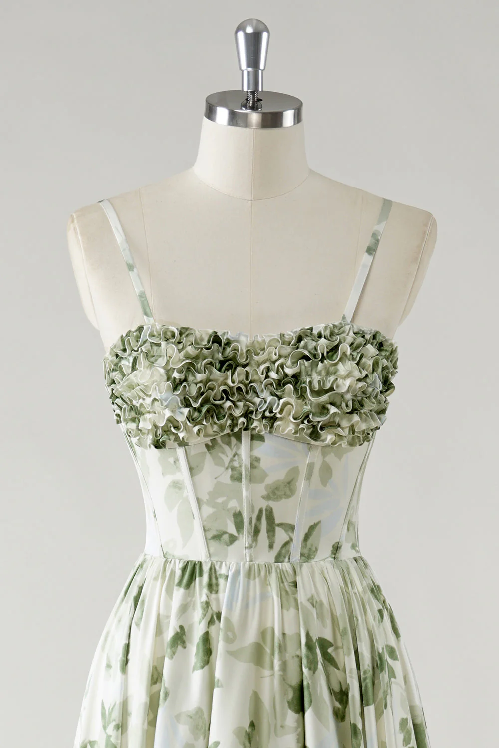 Green Flower A-Line Spaghetti Straps Ruched Corset Long Bridesmaid Dress - Image 4
