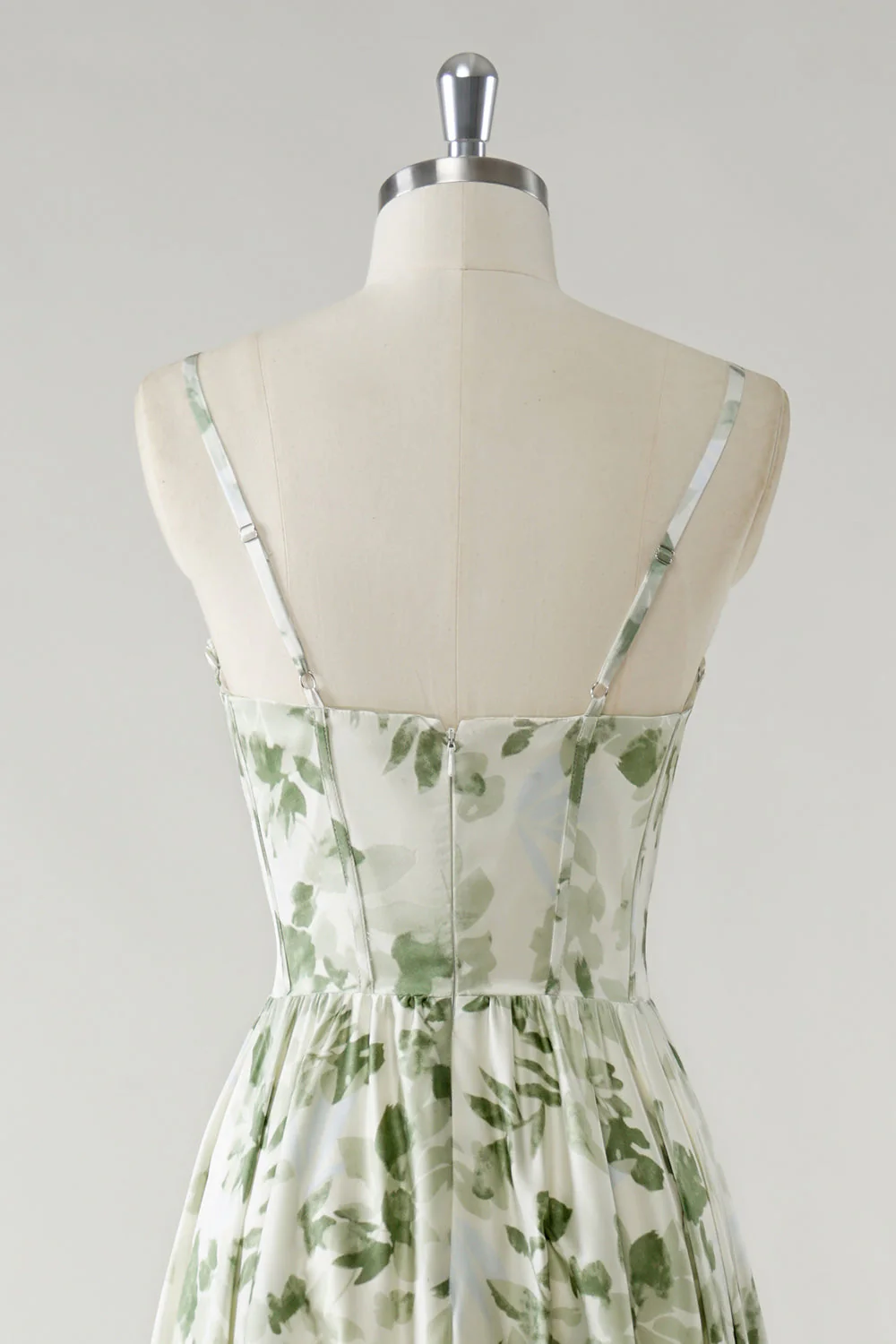 Green Flower A-Line Spaghetti Straps Ruched Corset Long Bridesmaid Dress - Image 5