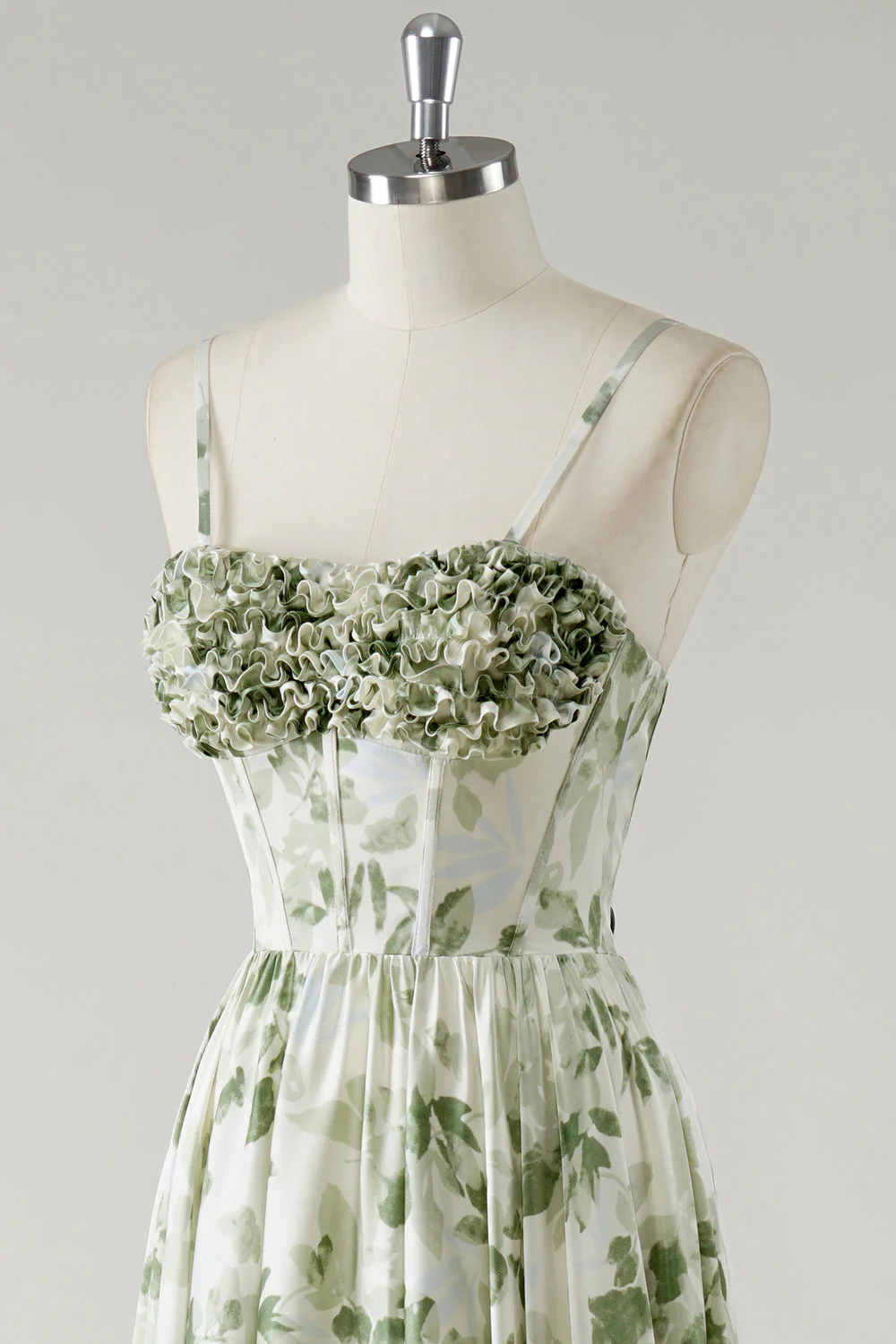 Green Flower A-Line Spaghetti Straps Ruched Corset Long Bridesmaid Dress - Image 6