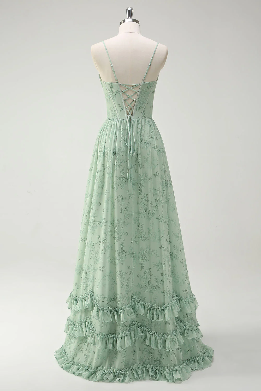 Green Flowers A-Line Spaghetti Straps Print Long Bridesmaid Dress with Slit - Image 2
