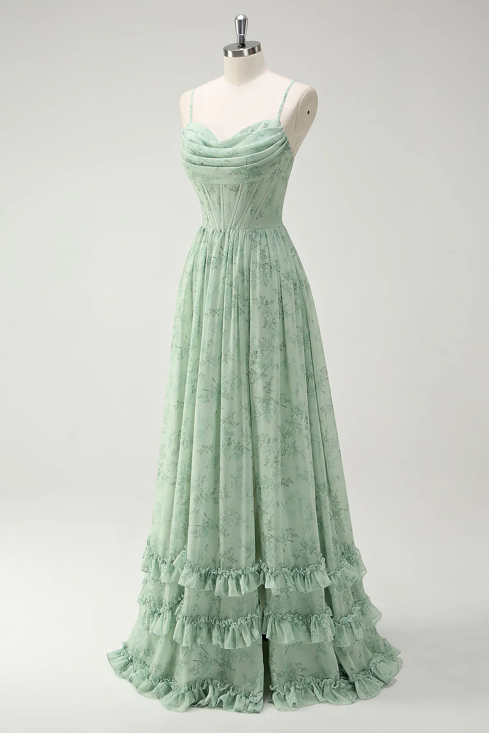 Green Flowers A-Line Spaghetti Straps Print Long Bridesmaid Dress with Slit - Image 3