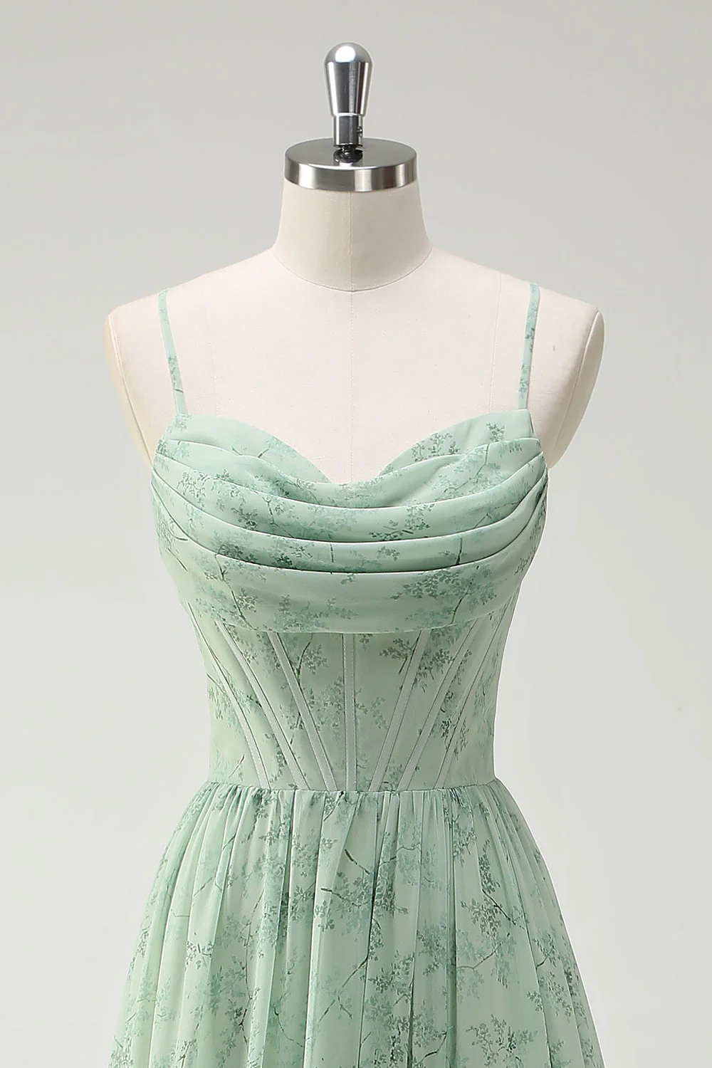 Green Flowers A-Line Spaghetti Straps Print Long Bridesmaid Dress with Slit - Image 4