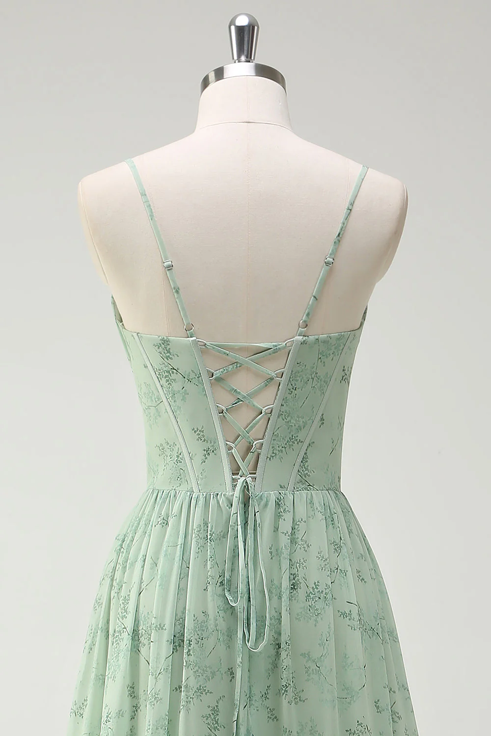 Green Flowers A-Line Spaghetti Straps Print Long Bridesmaid Dress with Slit - Image 5
