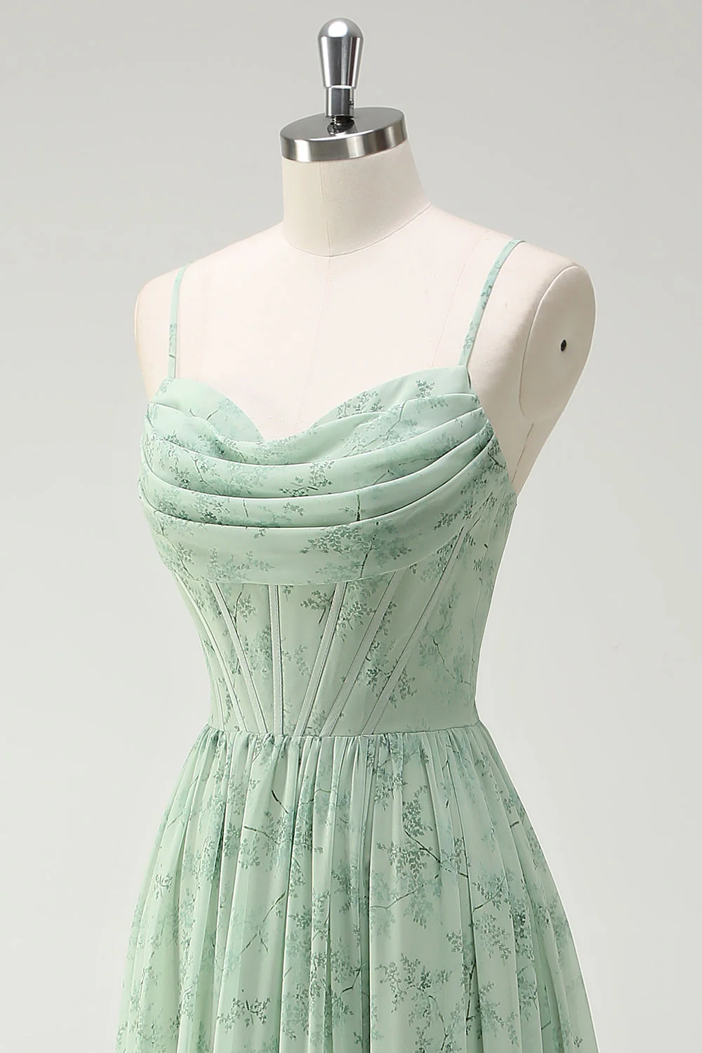 Green Flowers A-Line Spaghetti Straps Print Long Bridesmaid Dress with Slit - Image 6