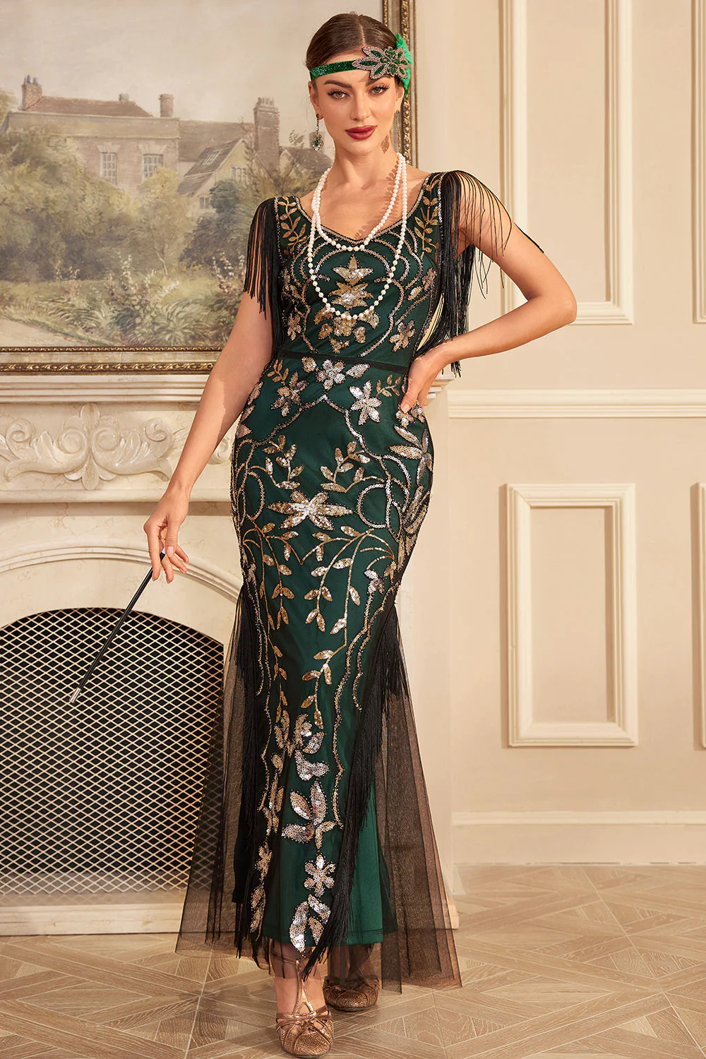 Green Golden Sequins Fringe Long 1920s Flapper Dress with Accessories Set - Image 6