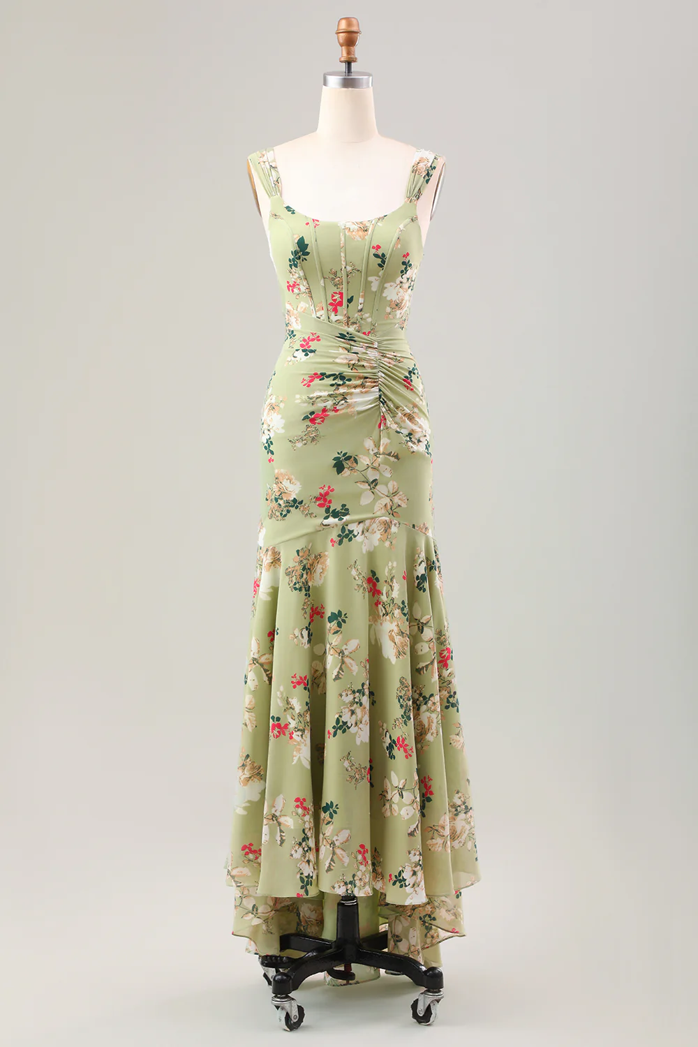 Green Large Flower Mermaid Corset Print Long Wedding Party Guest Dress - Image 5