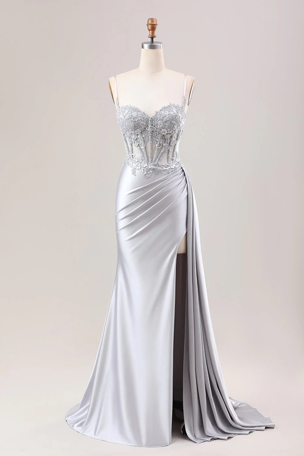 Green Mermaid Side Streamer Pleated Long Corset Satin Prom Dress With Slit - Image 10