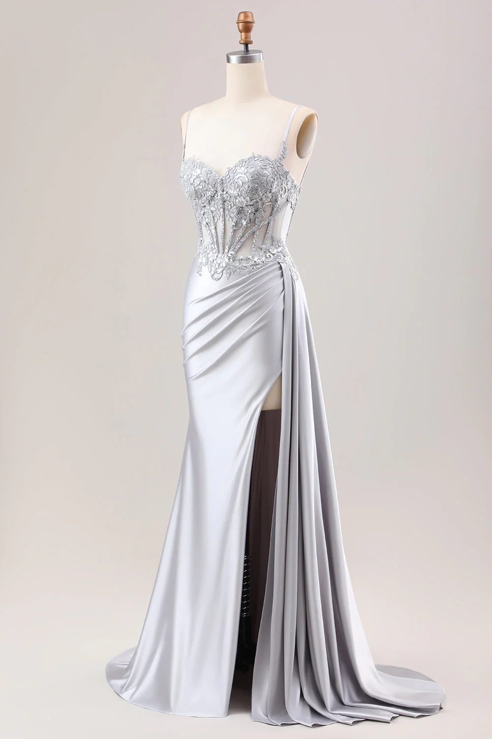 Green Mermaid Side Streamer Pleated Long Corset Satin Prom Dress With Slit - Image 12