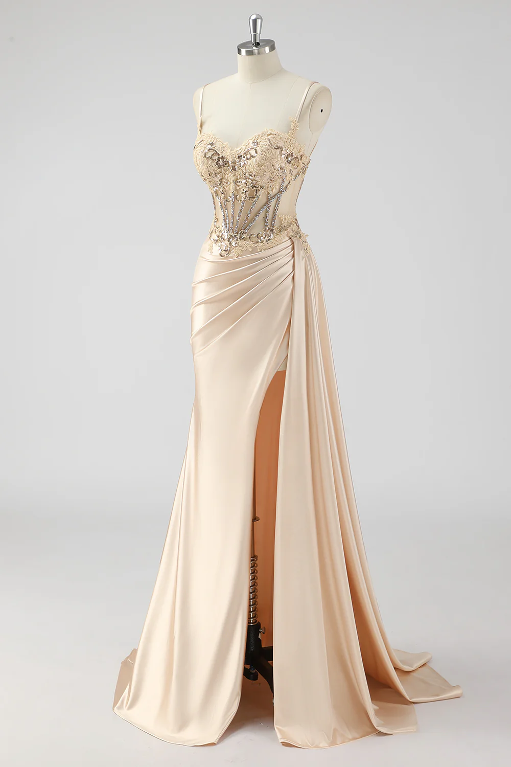 Green Mermaid Side Streamer Pleated Long Corset Satin Prom Dress With Slit - Image 21