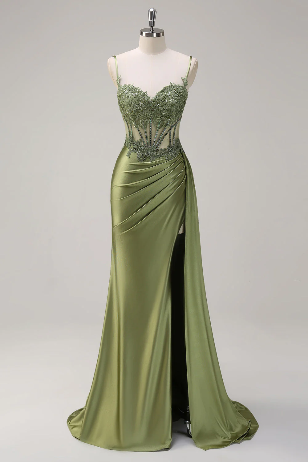 Green Mermaid Side Streamer Pleated Long Corset Satin Prom Dress With Slit - Image 7