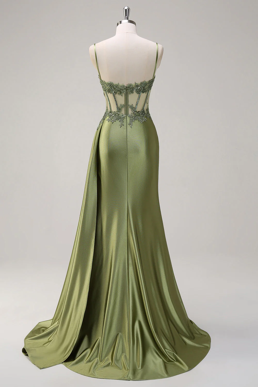 Green Mermaid Side Streamer Pleated Long Corset Satin Prom Dress With Slit - Image 9