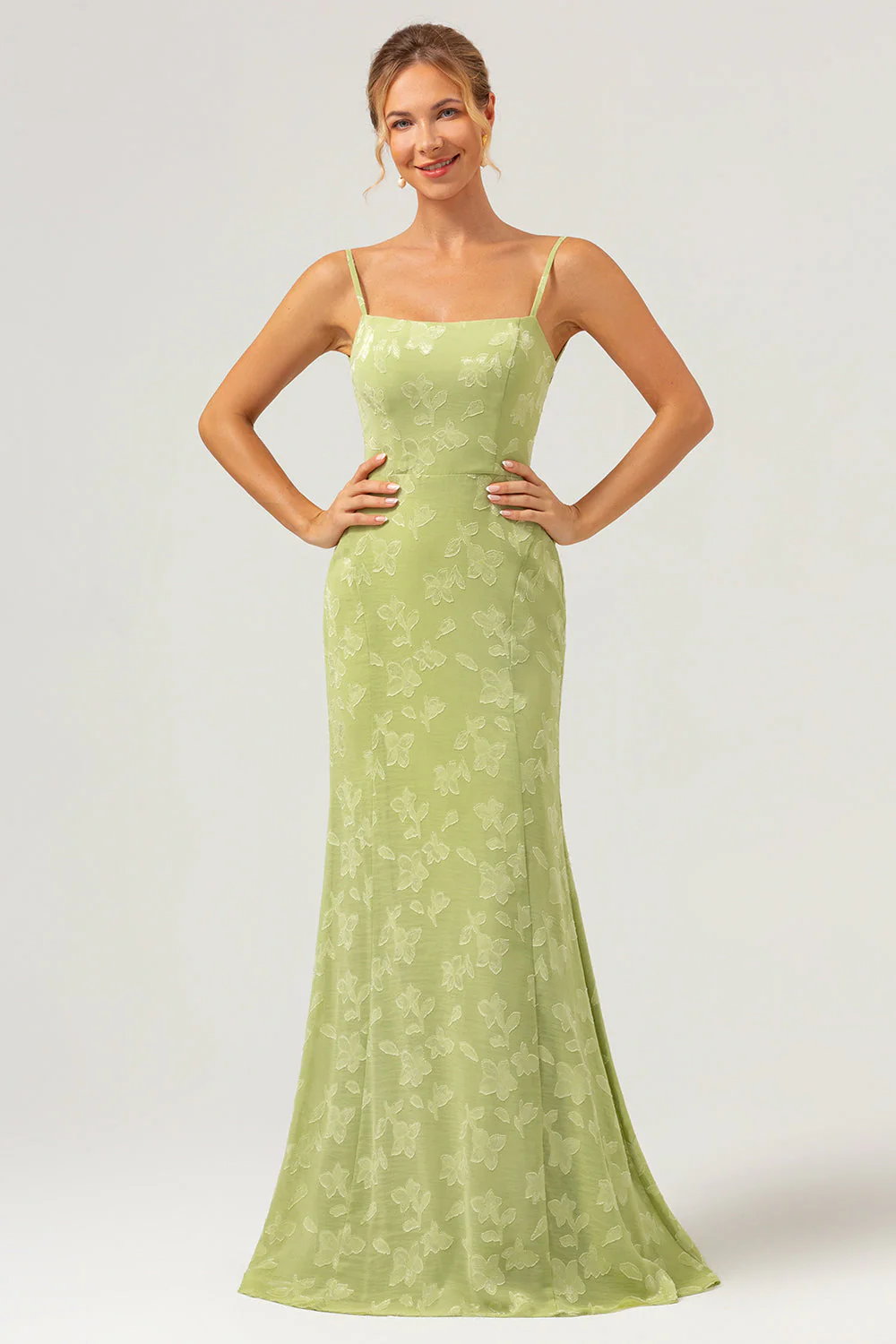 Green Mermaid Spaghetti Straps Embroidered Bridesmaid Dress with Lace Up Back - Image 5