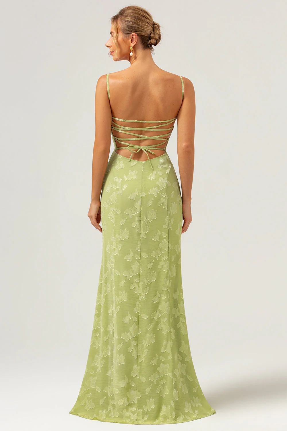 Green Mermaid Spaghetti Straps Embroidered Bridesmaid Dress with Lace Up Back - Image 6