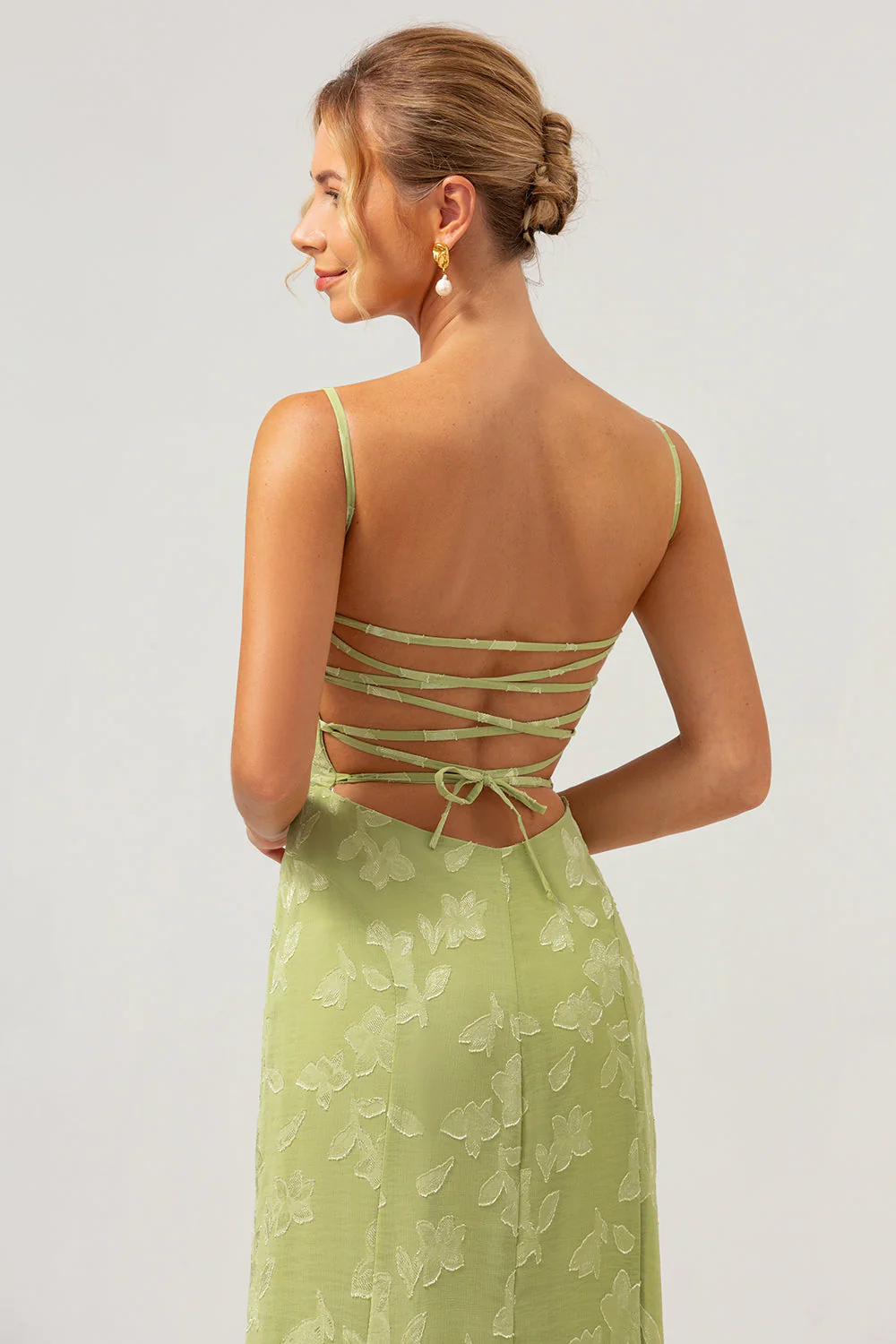 Green Mermaid Spaghetti Straps Embroidered Bridesmaid Dress with Lace Up Back - Image 7