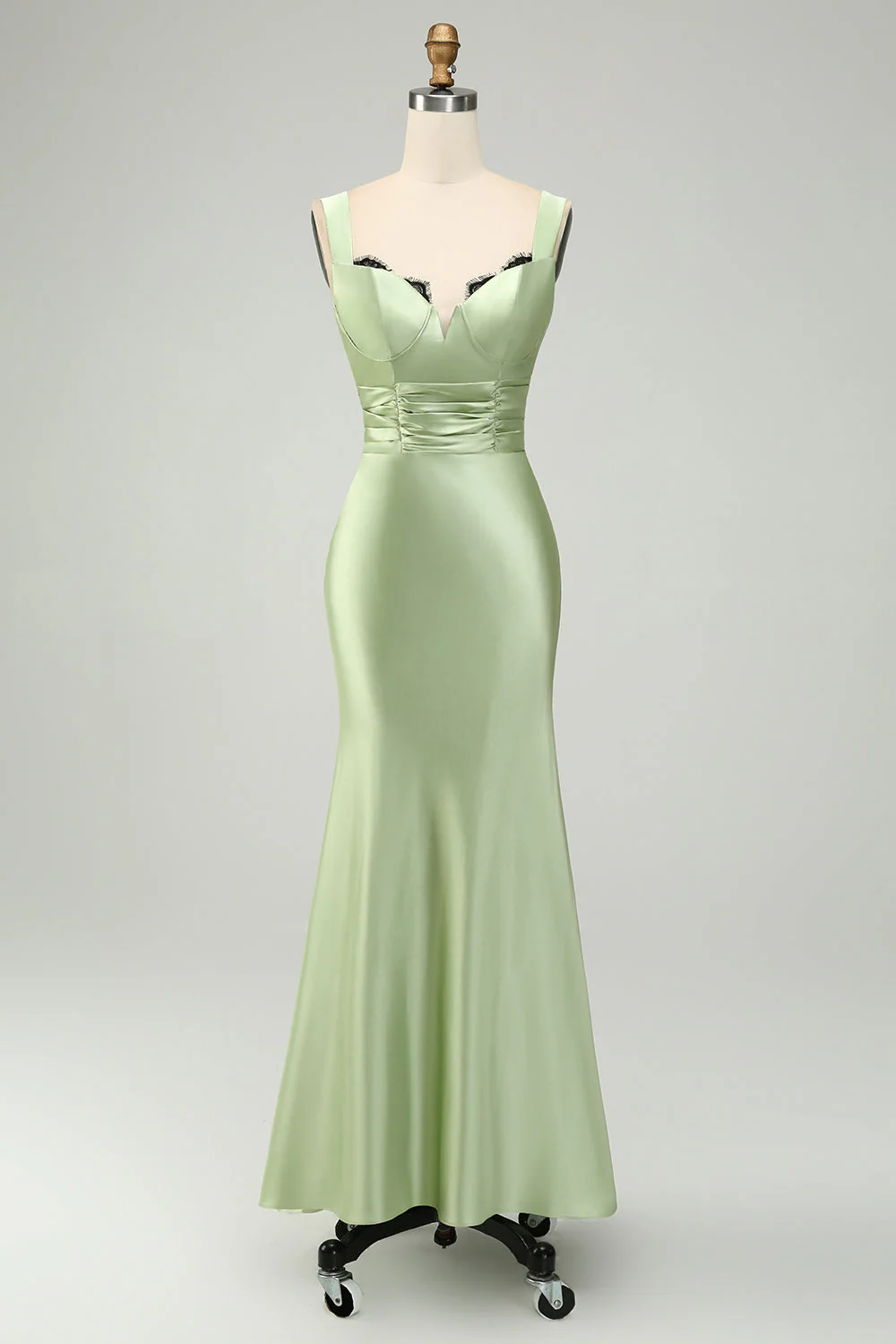 Green Mermaid Square Neck Long Satin Bridesmaid Dress with Eyelash Lace - Image 3