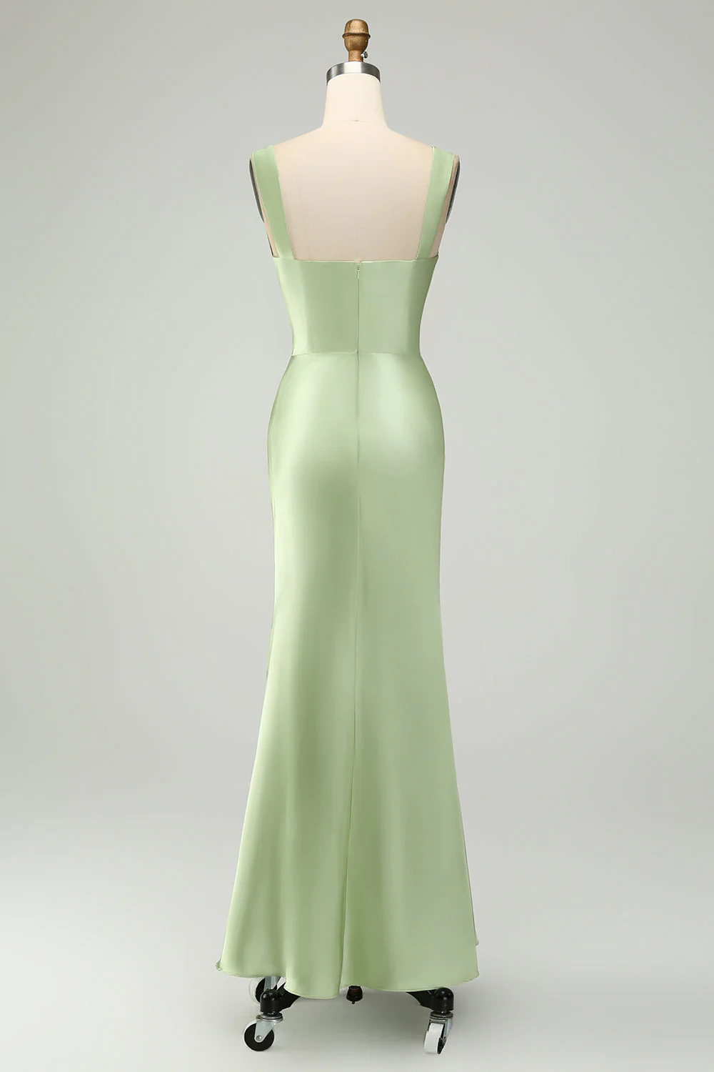 Green Mermaid Square Neck Long Satin Bridesmaid Dress with Eyelash Lace - Image 4