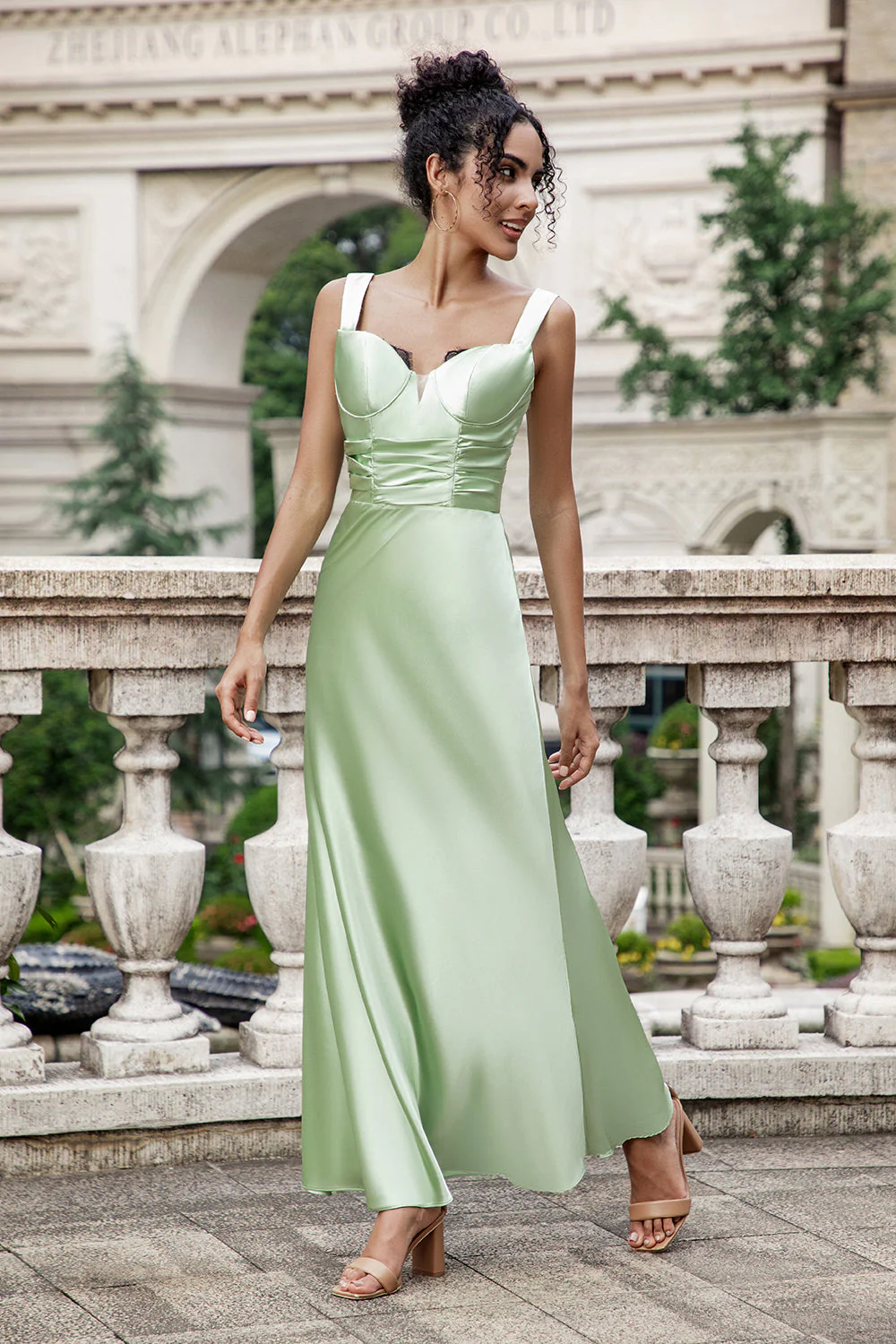 Green Mermaid Square Neck Long Satin Bridesmaid Dress with Eyelash Lace - Image 5
