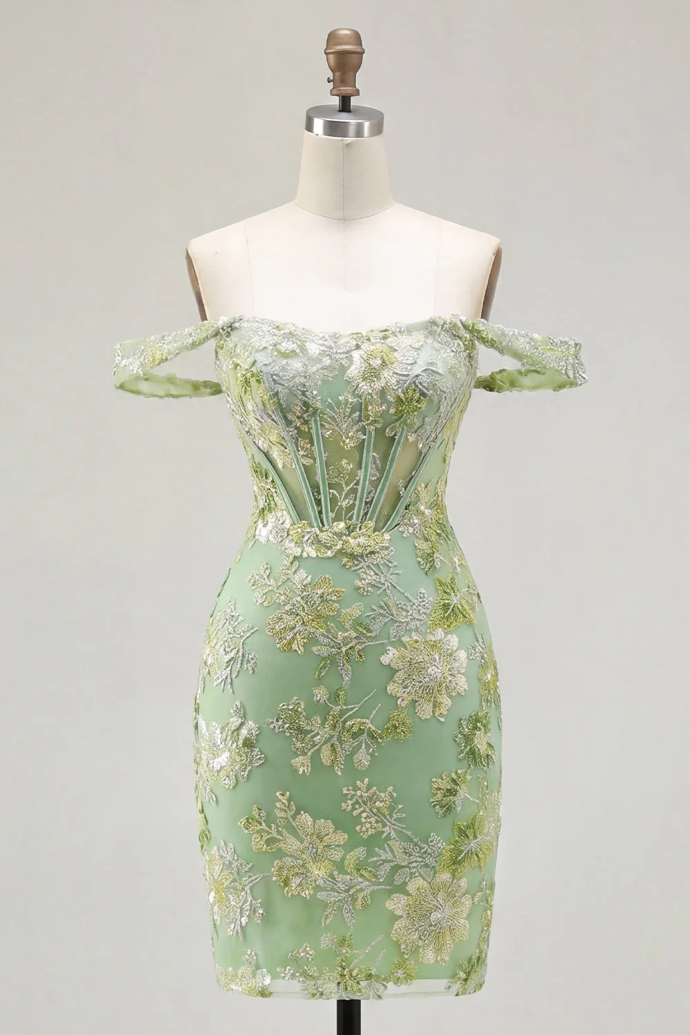 Green Floral Off the Shoulder Bodycon Corset Cocktail Dress
