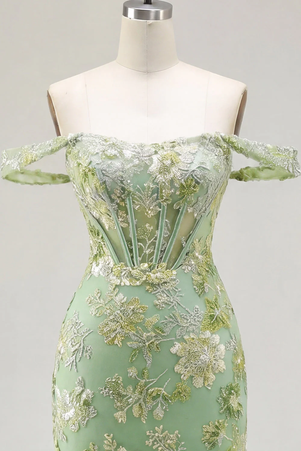 Green Floral Off the Shoulder Bodycon Corset Cocktail Dress - Image 5