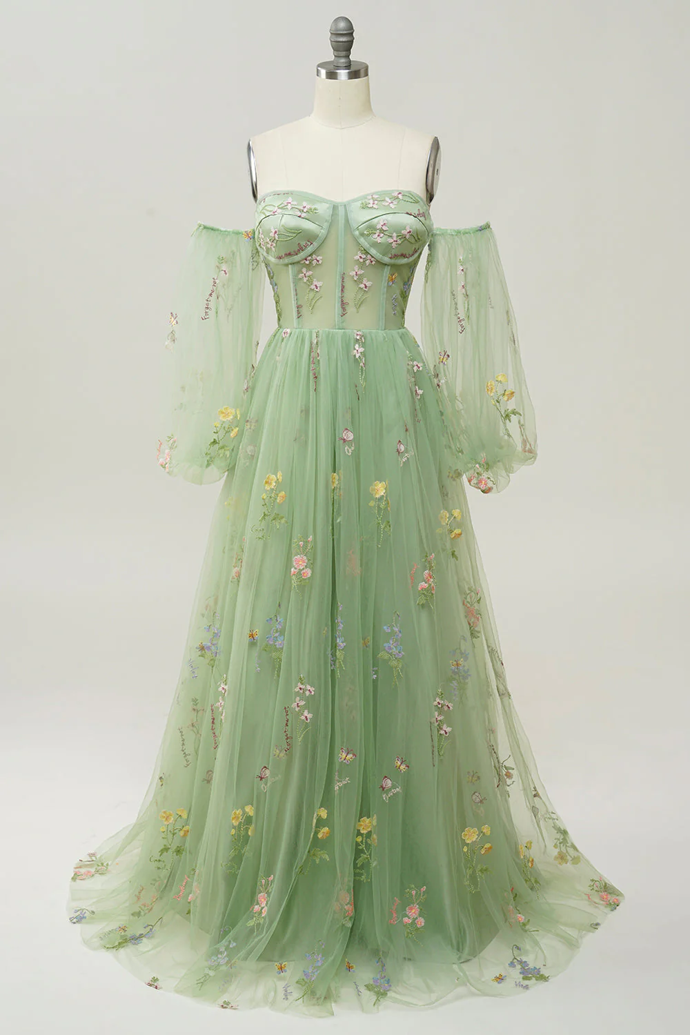 Green Off The Shoulder Long Sleeves A-Line Prom Dress