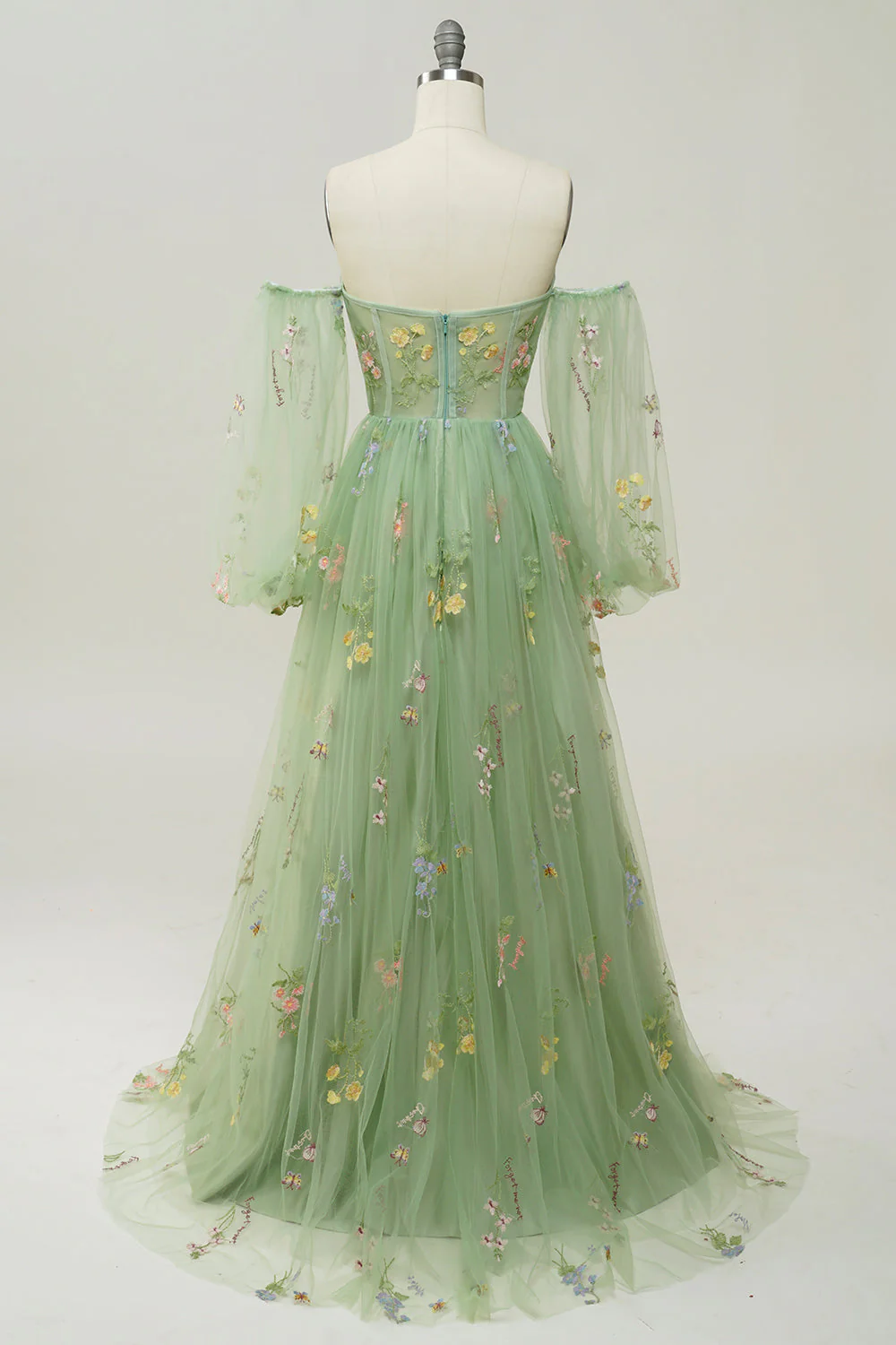 Green Off The Shoulder Long Sleeves A-Line Prom Dress - Image 2