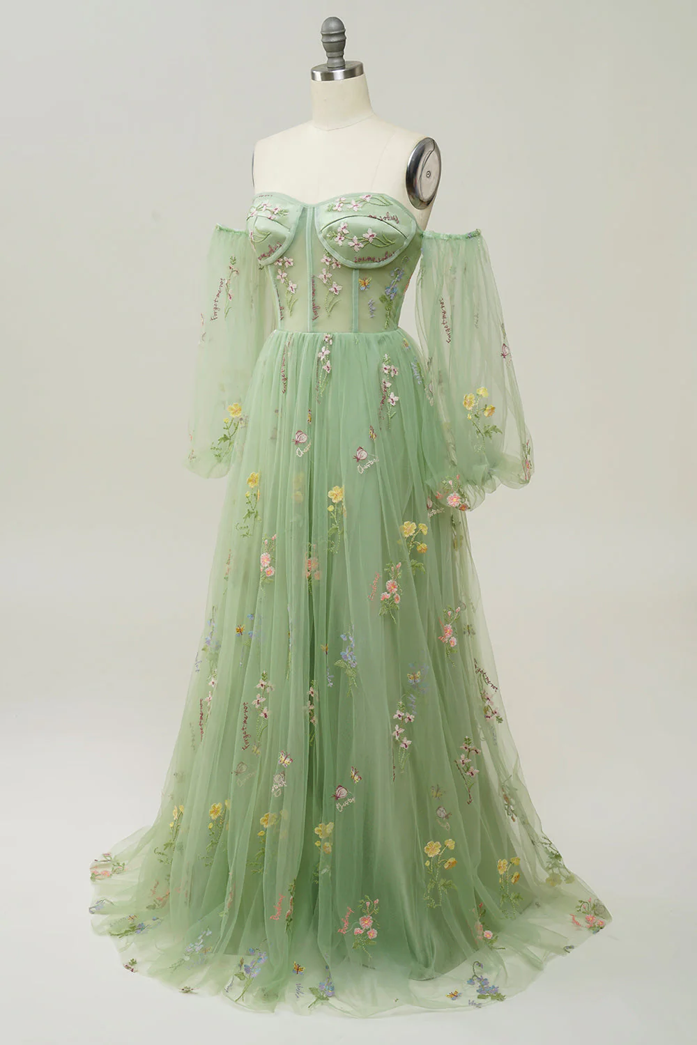 Green Off The Shoulder Long Sleeves A-Line Prom Dress - Image 3