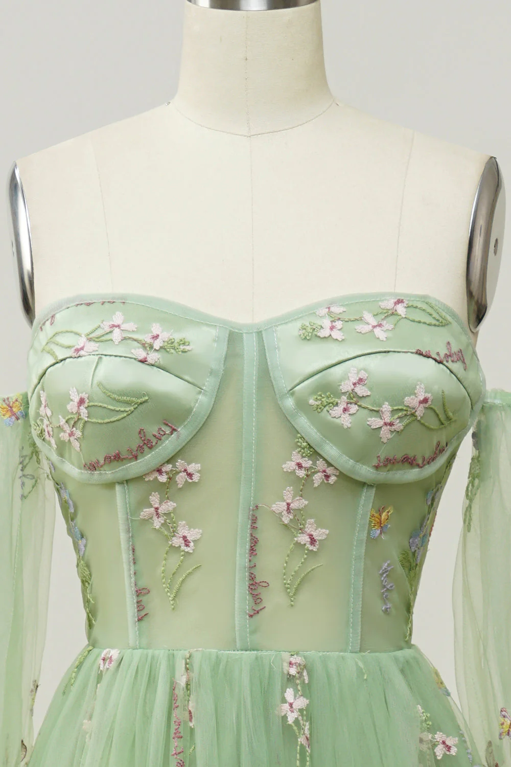 Green Off The Shoulder Long Sleeves A-Line Prom Dress - Image 4