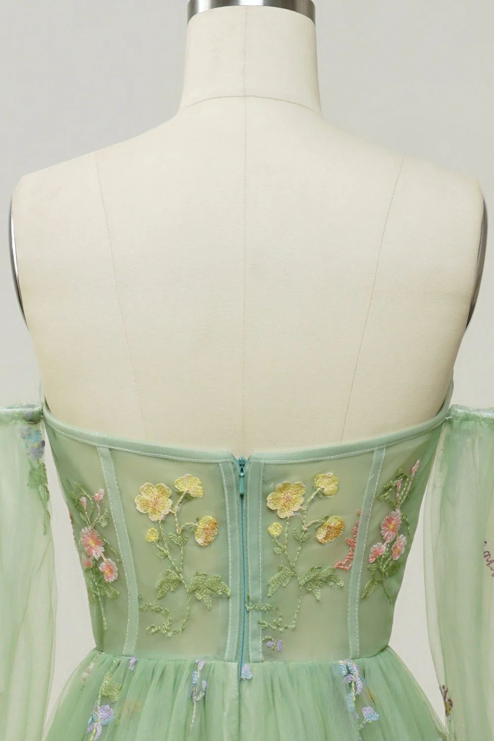 Green Off The Shoulder Long Sleeves A-Line Prom Dress - Image 6