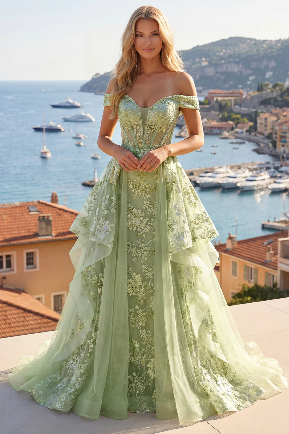 Green Off The Shoulder Ruffled A Line Long Prom Dress with Embroidery