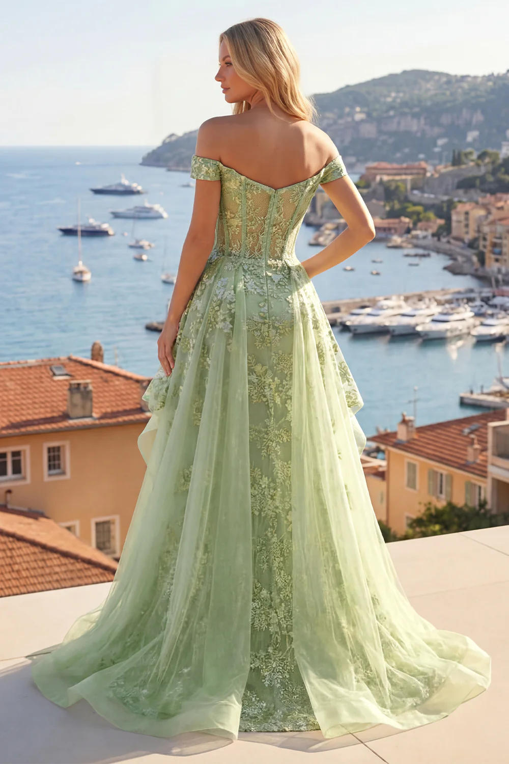 Green Off The Shoulder Ruffled A Line Long Prom Dress with Embroidery - Image 2