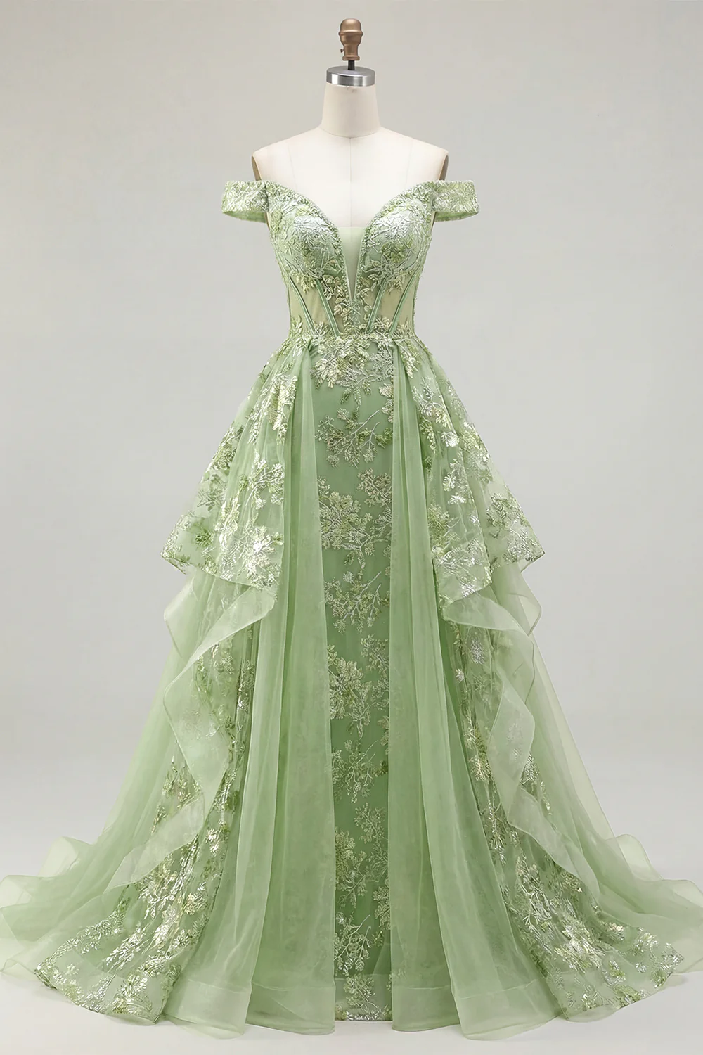 Green Off The Shoulder Ruffled A Line Long Prom Dress with Embroidery - Image 3