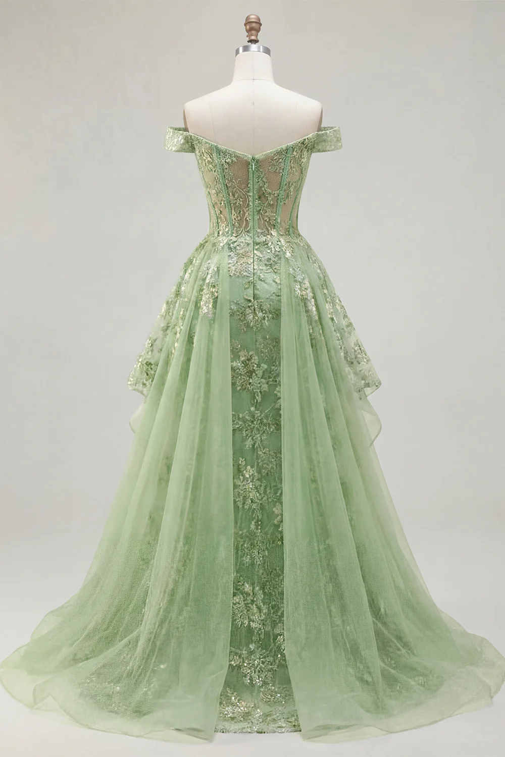 Green Off The Shoulder Ruffled A Line Long Prom Dress with Embroidery - Image 4