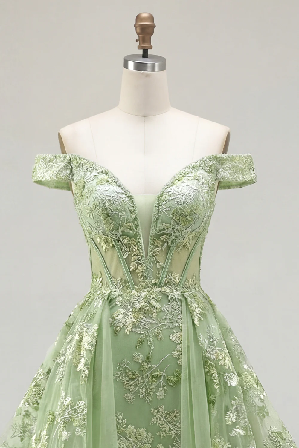 Green Off The Shoulder Ruffled A Line Long Prom Dress with Embroidery - Image 5