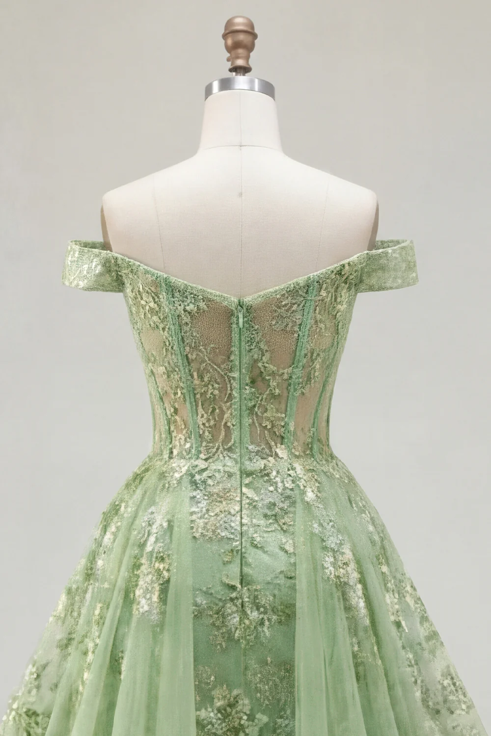 Green Off The Shoulder Ruffled A Line Long Prom Dress with Embroidery - Image 6