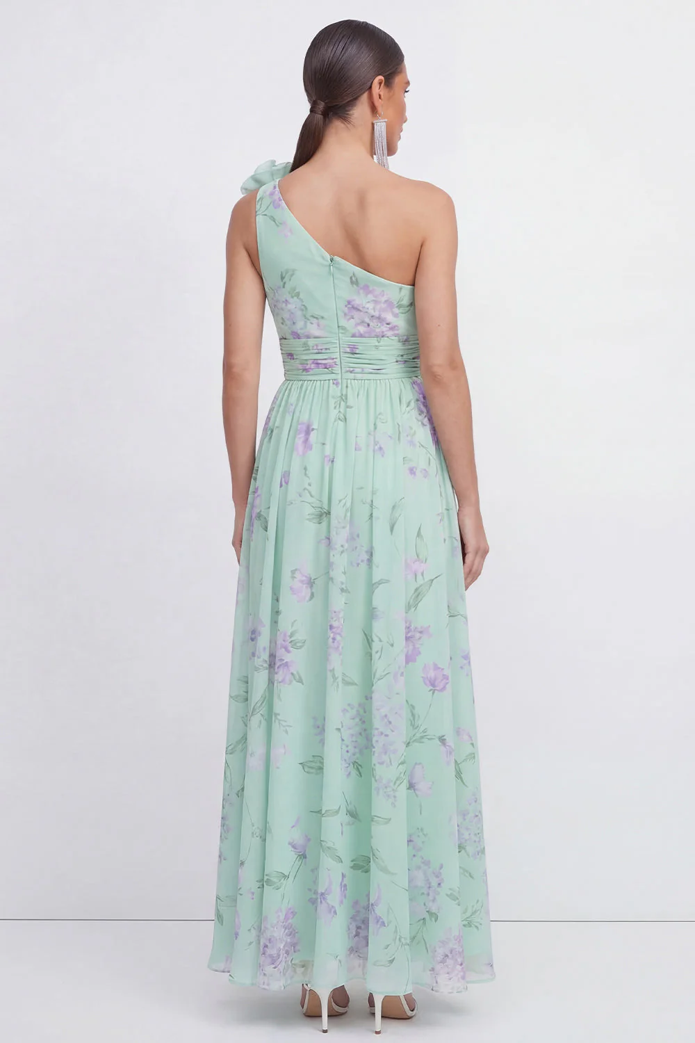Green One Shoulder A-Line Ruched Chiffon Floral Dress with 3D Flower - Image 2