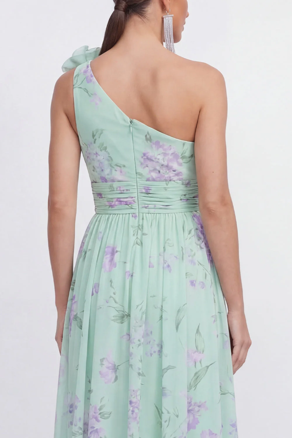 Green One Shoulder A-Line Ruched Chiffon Floral Dress with 3D Flower - Image 4