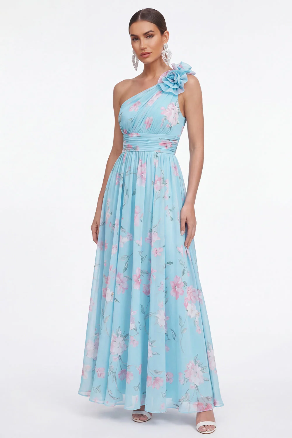 Green One Shoulder A-Line Ruched Chiffon Floral Dress with 3D Flower - Image 5