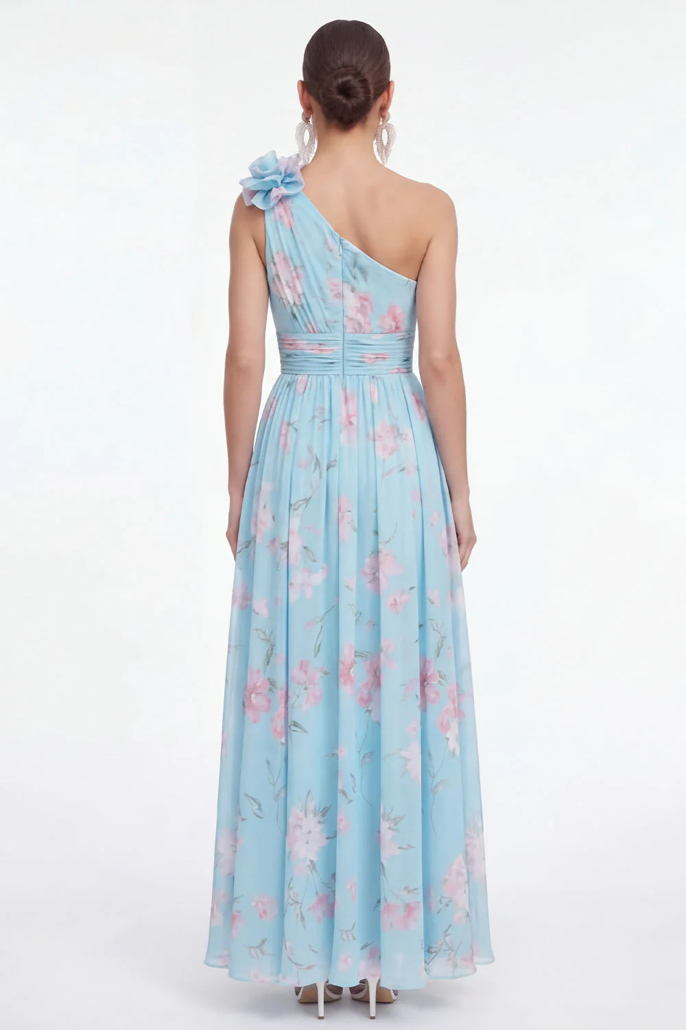 Green One Shoulder A-Line Ruched Chiffon Floral Dress with 3D Flower - Image 6
