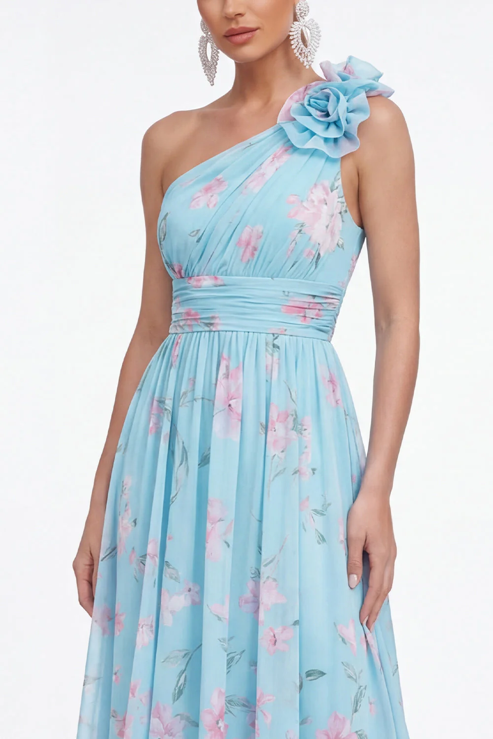 Green One Shoulder A-Line Ruched Chiffon Floral Dress with 3D Flower - Image 7