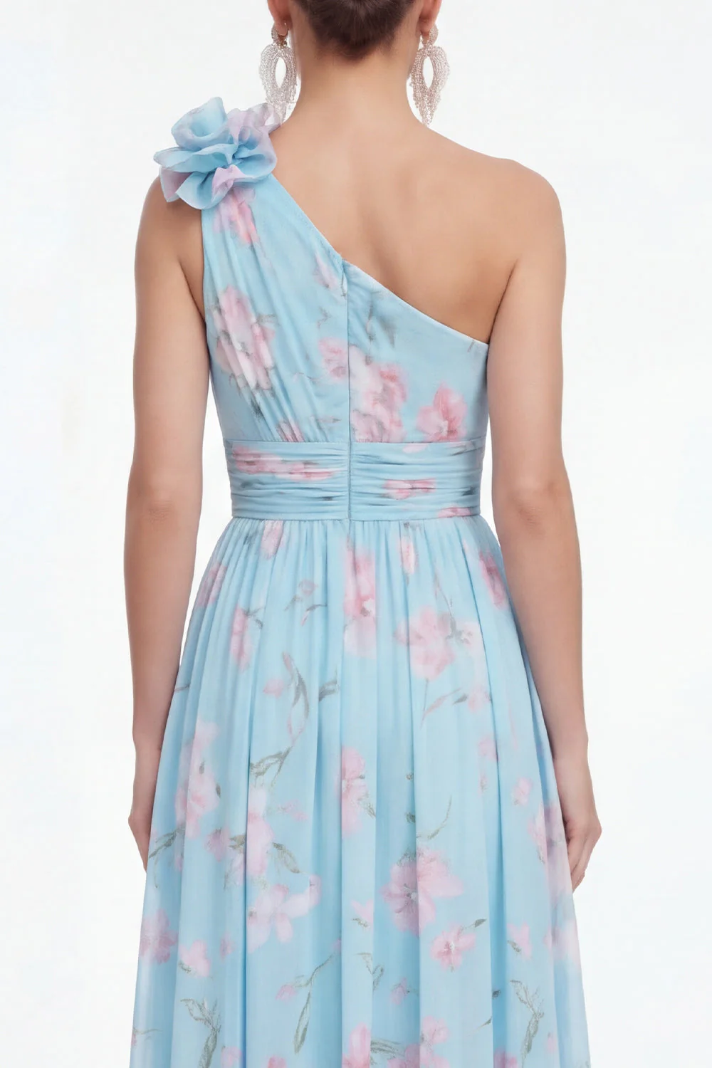 Green One Shoulder A-Line Ruched Chiffon Floral Dress with 3D Flower - Image 8