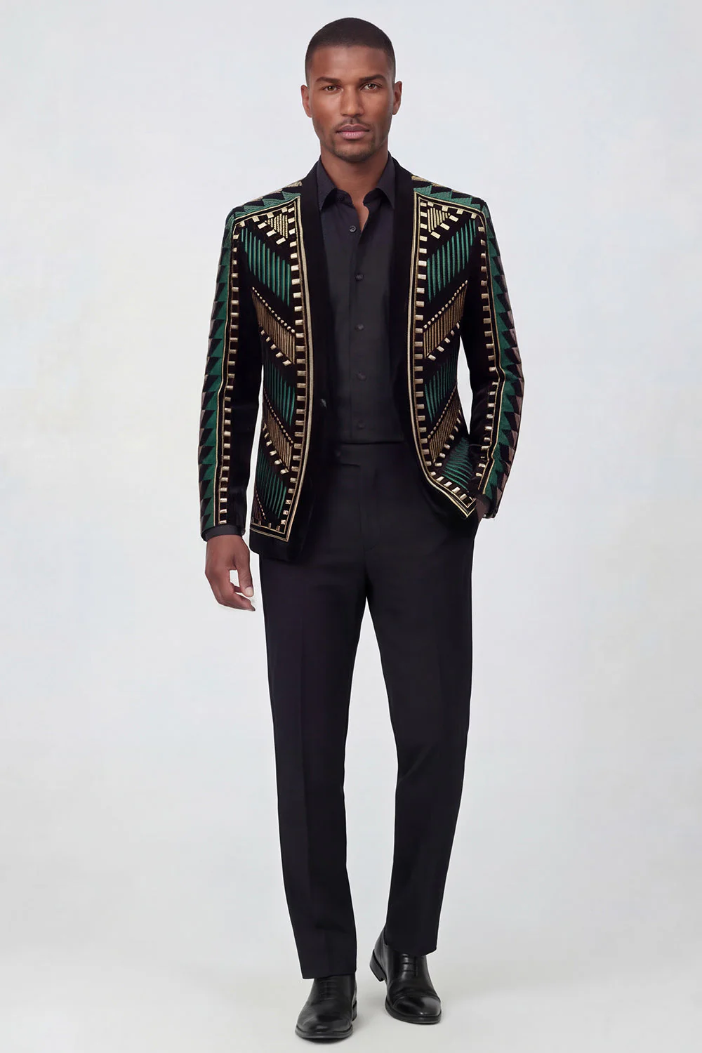 Green Open Front Geometric Embroidered Men's Blazer