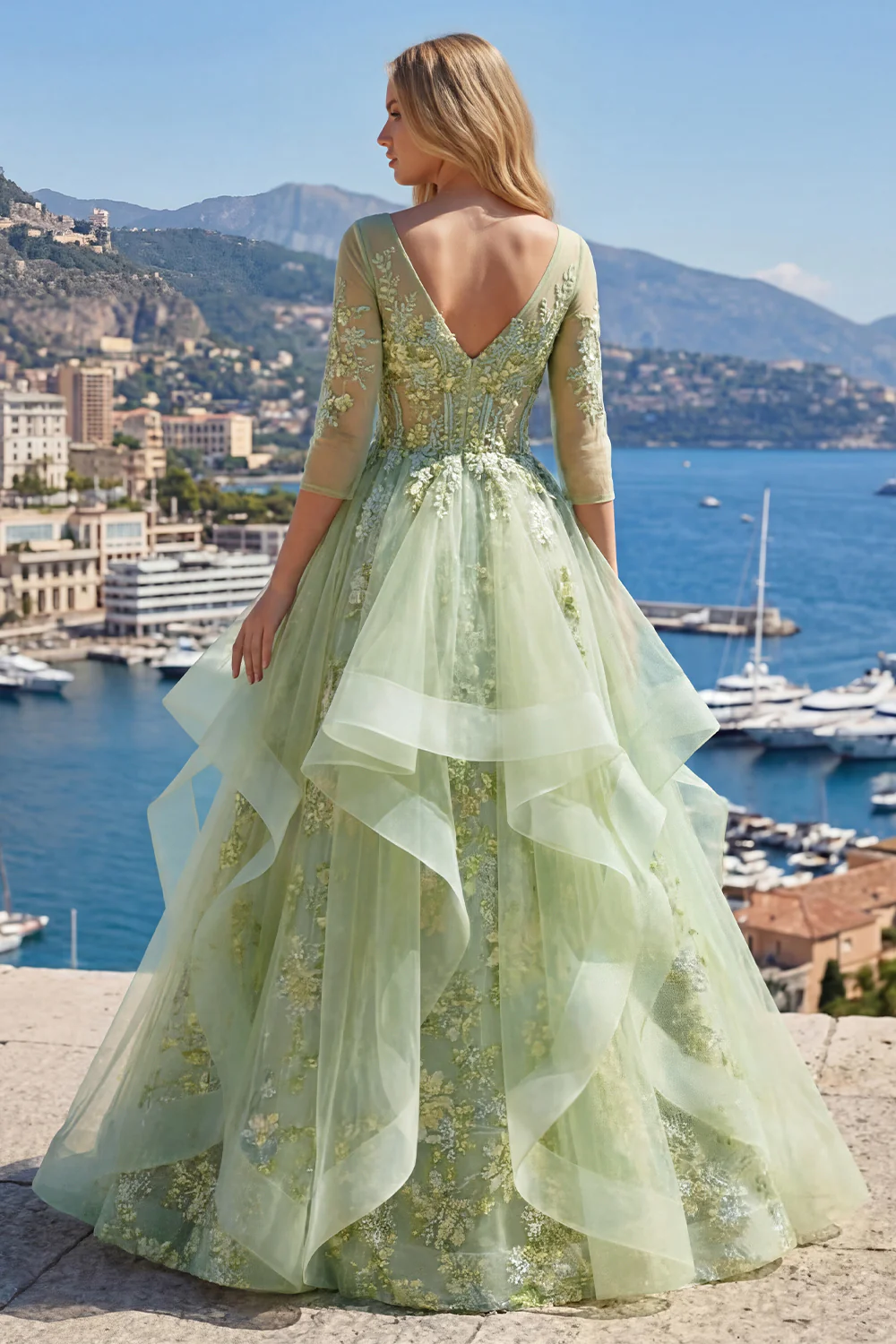Green Princess Ruffled Embroidered Prom Dress with 3/4 Sleeves - Image 2