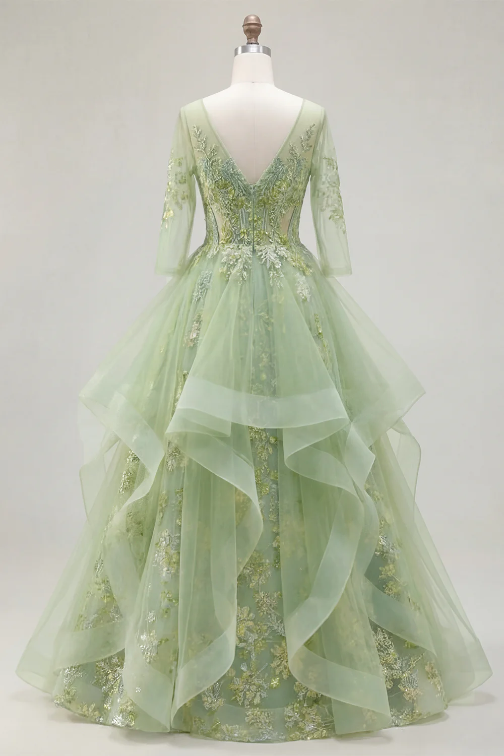 Green Princess Ruffled Embroidered Prom Dress with 3/4 Sleeves - Image 4