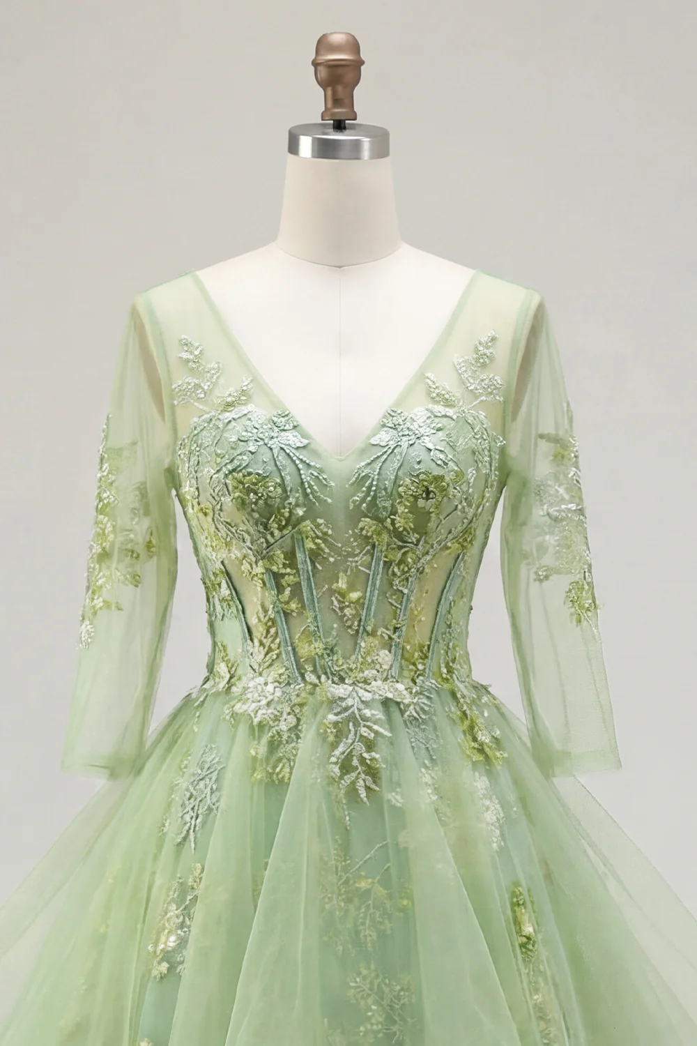 Green Princess Ruffled Embroidered Prom Dress with 3/4 Sleeves - Image 5