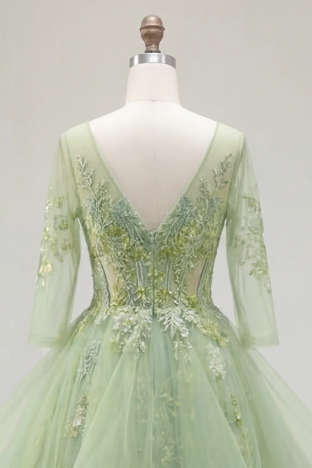 Green Princess Ruffled Embroidered Prom Dress with 3/4 Sleeves - Image 6